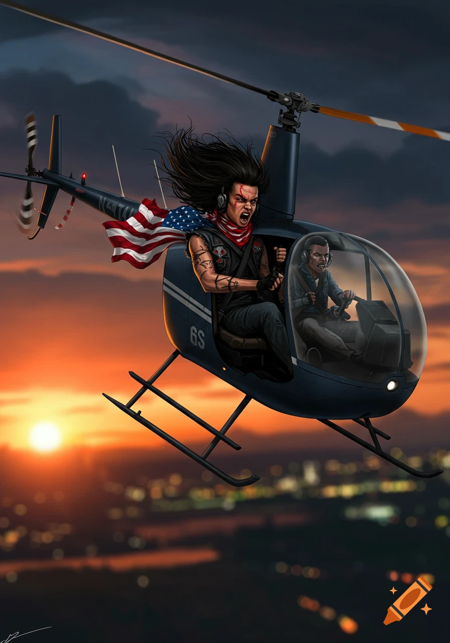 Illustration of a person with a mullet and American flag cape flying aggressively in a helicopter during a sunset.
