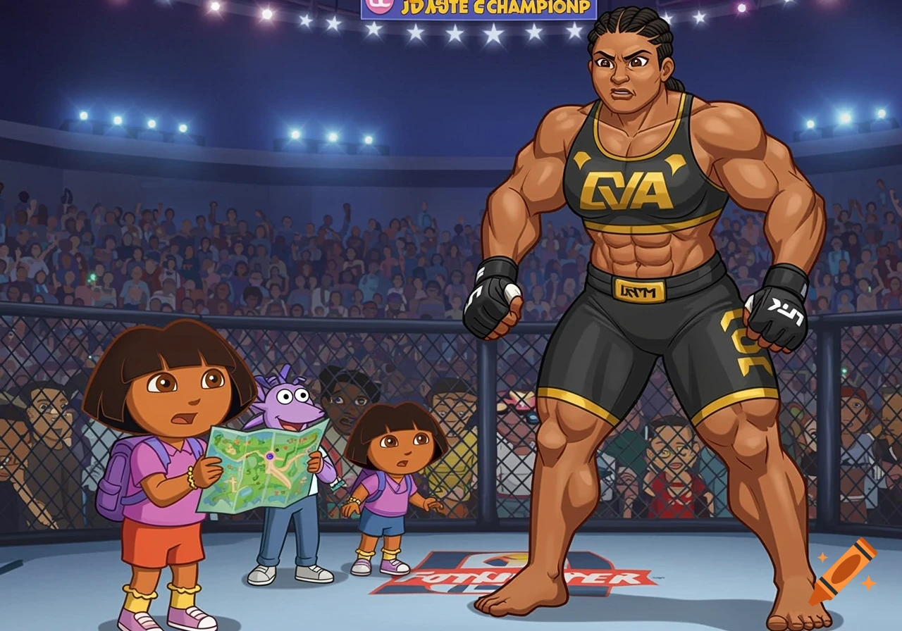 Cartoon of Dora and friends looking surprised at a muscular female MMA fighter in a ring.