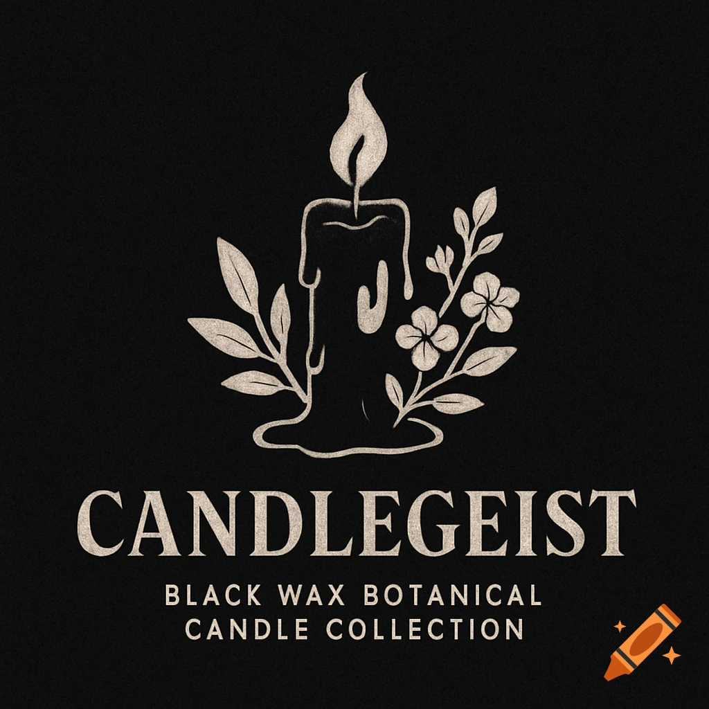 Logo illustration of a candle surrounded by botanical elements with text on a dark background.