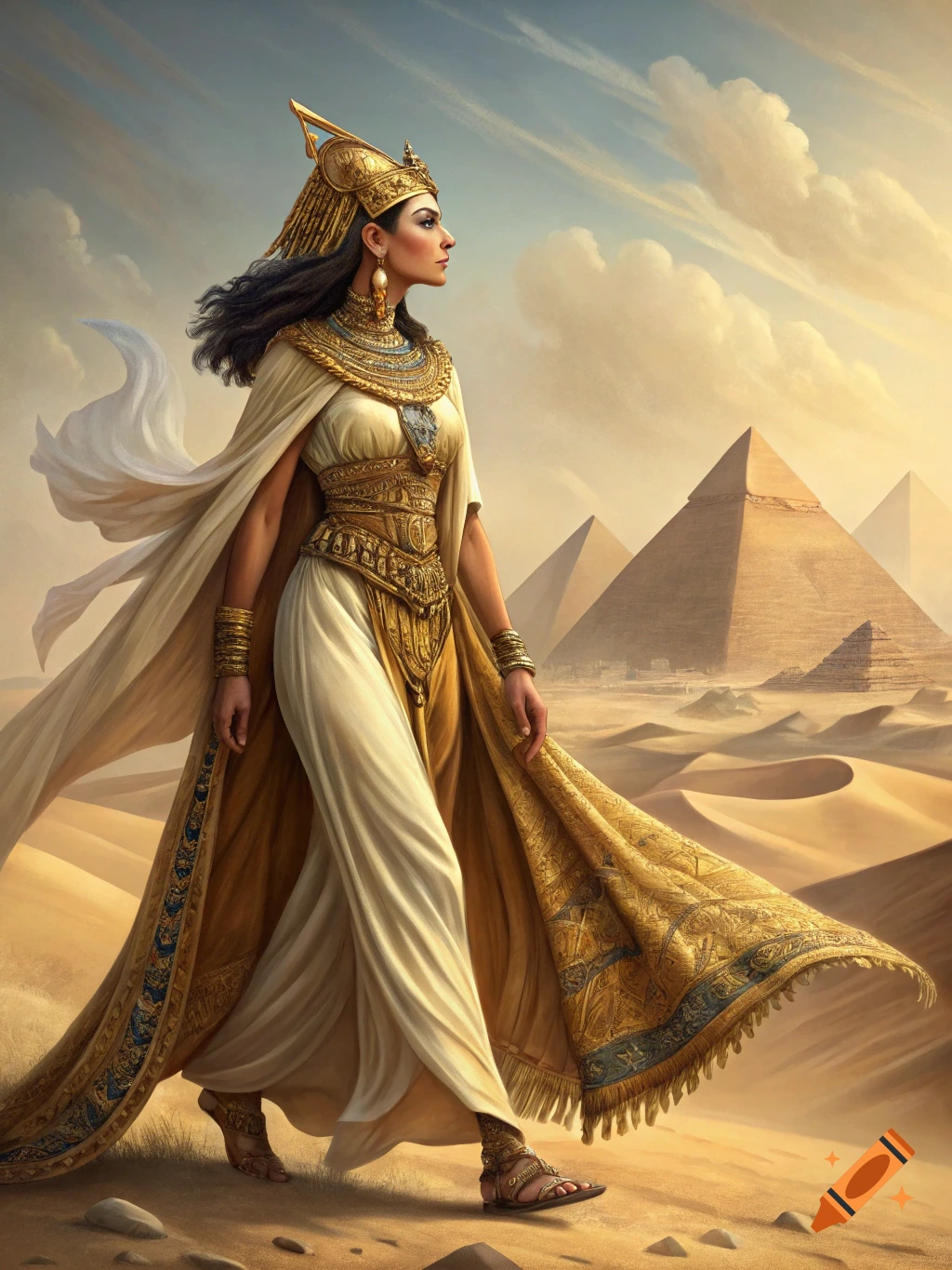 Cleopatra walks through the desert near pyramids, wearing elaborate golden and white attire.