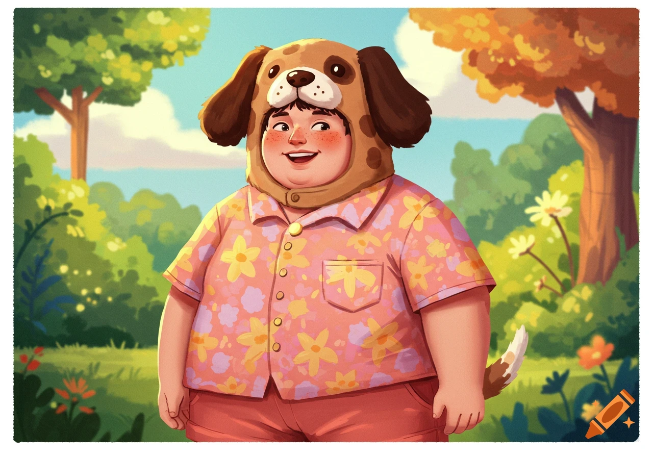 Person wearing a dog hat and flowery shirt outdoors, illustration style.