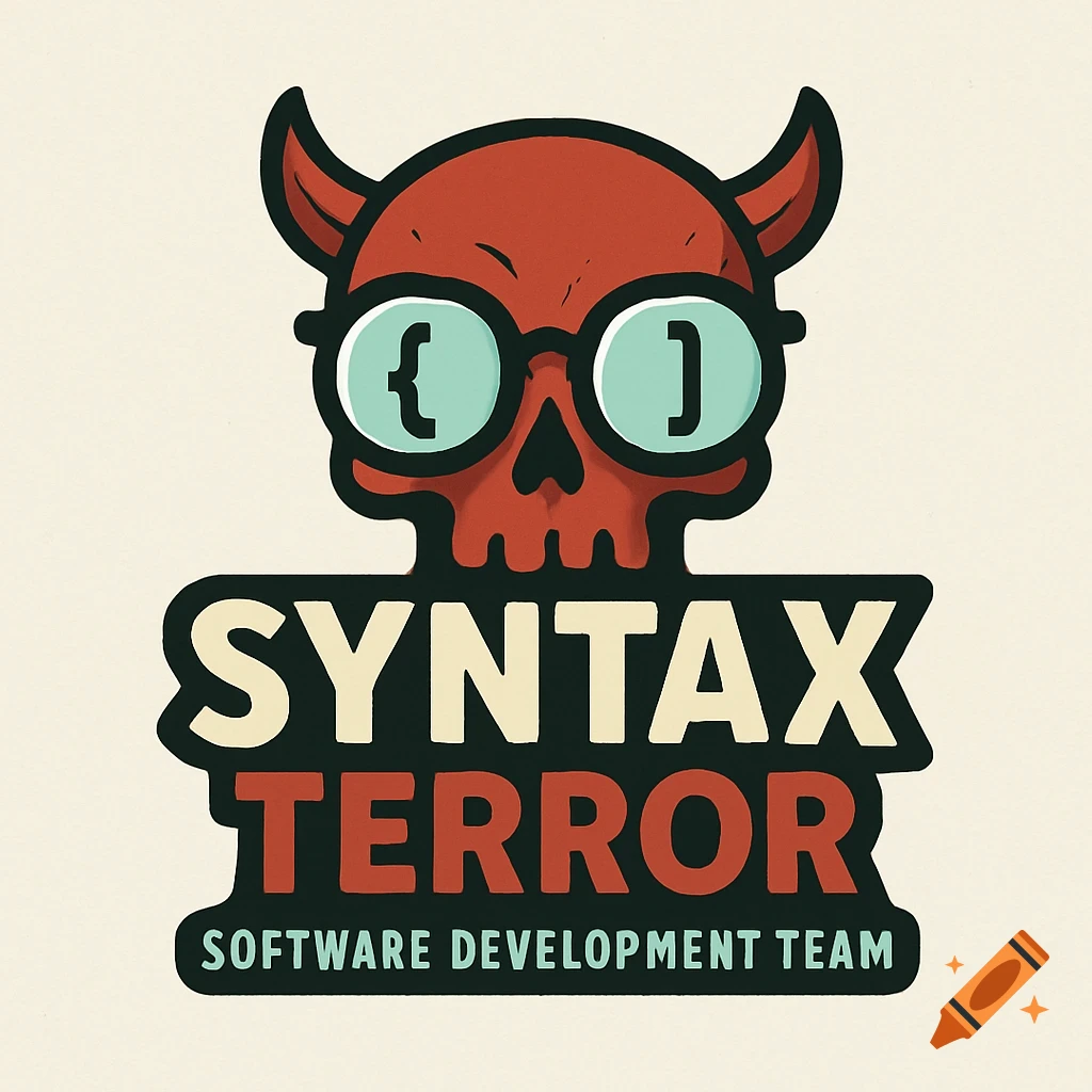 A red skull logo with small horns and glasses containing code braces, above the text "SYNTAX TERROR SOFTWARE DEVELOPMENT TEAM".