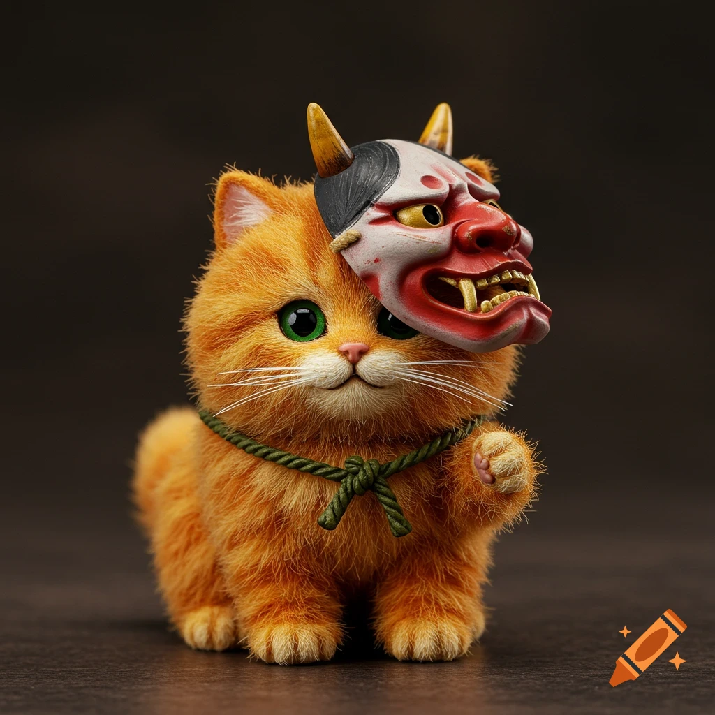 Miniature orange cat wearing a Japanese oni mask