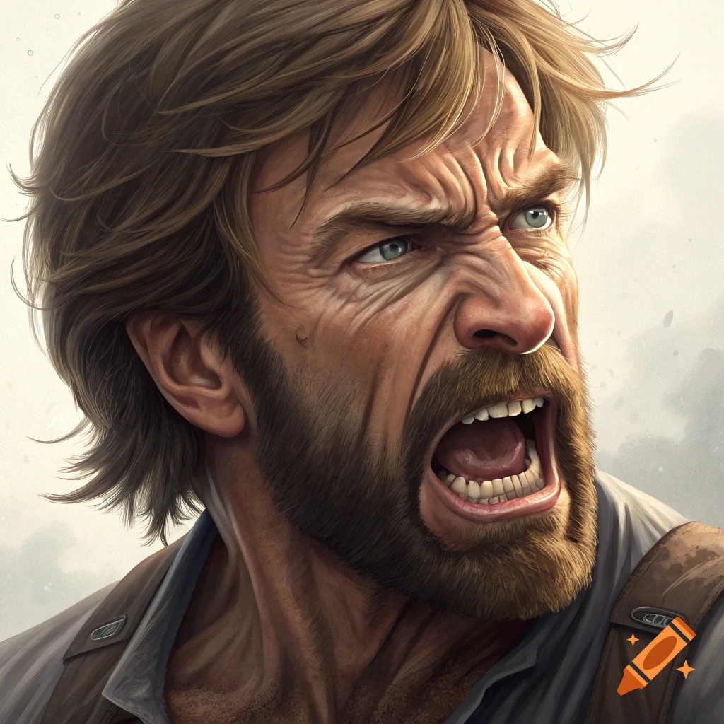 Close-up portrait of an angry man with a beard, eyes narrowed, mouth open screaming. Stylized realistic art.