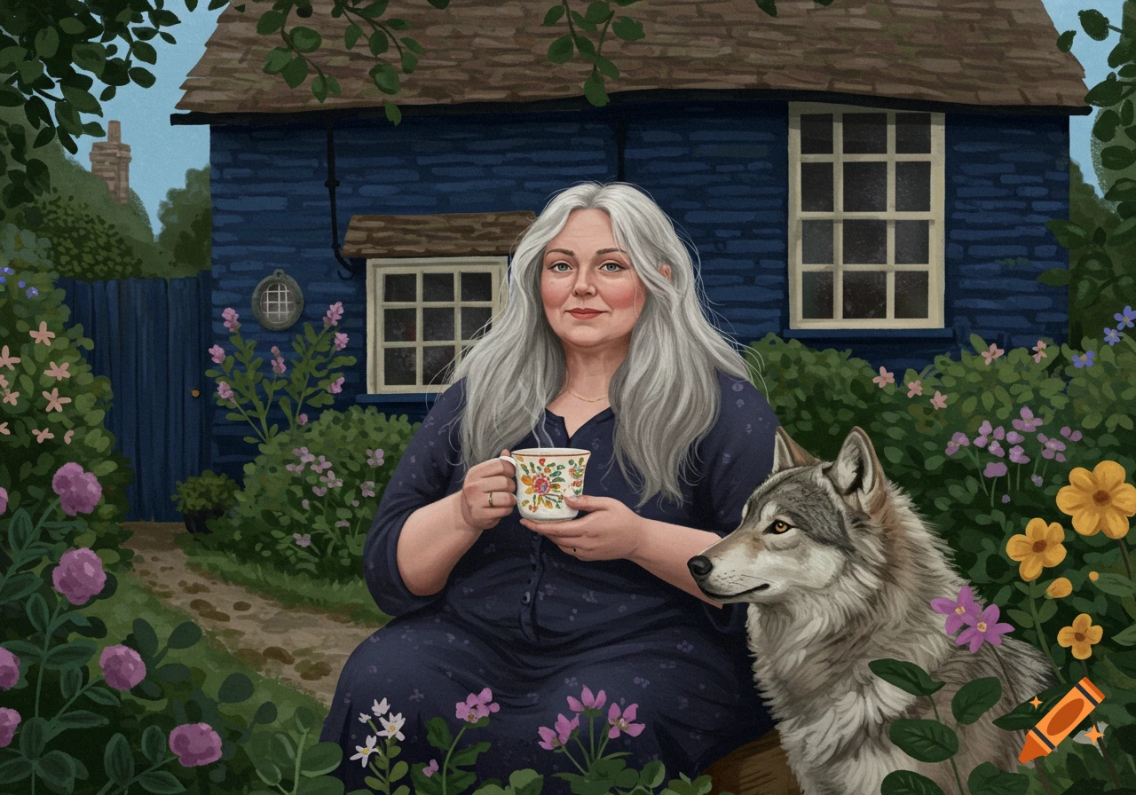 A woman with grey hair sits in a garden with a cup of tea and a wolf, next to a blue cottage.