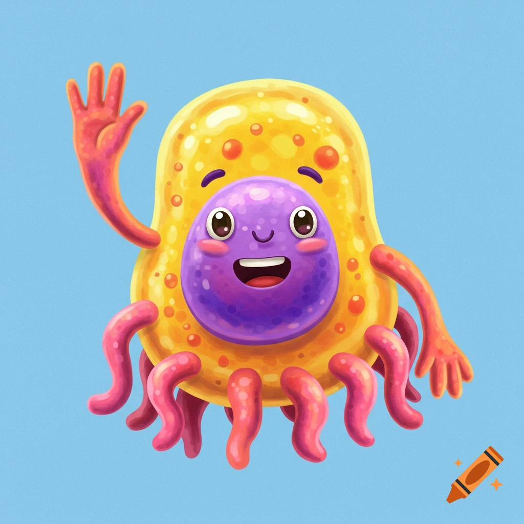 A colorful cartoon cell character waves hello on a blue background.