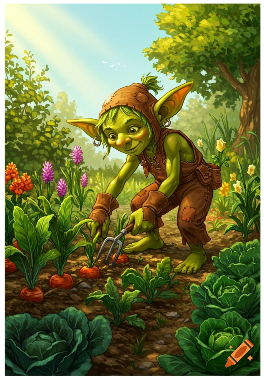 A cheerful green goblin tends to vegetables in a sunny, colorful garden.