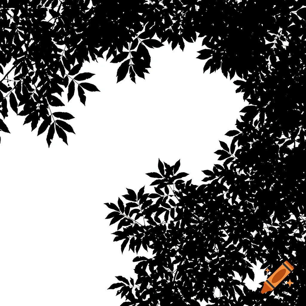 Black silhouettes of leaves and branches against a white background.