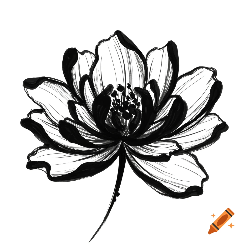A black and white ink drawing of a flower with loose strokes and varying line thickness.