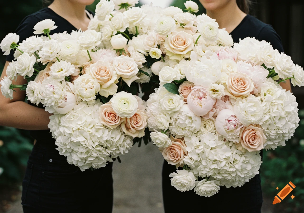 Two florists hold large white and blush wedding bouquets filled with roses, peonies, ranunculus, and hydrangeas.
