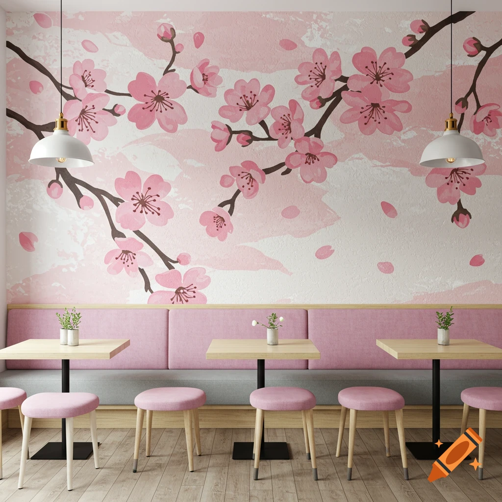 Cafe interior with pink seating, tables, pendant lights, and a pink cherry blossom wall mural.