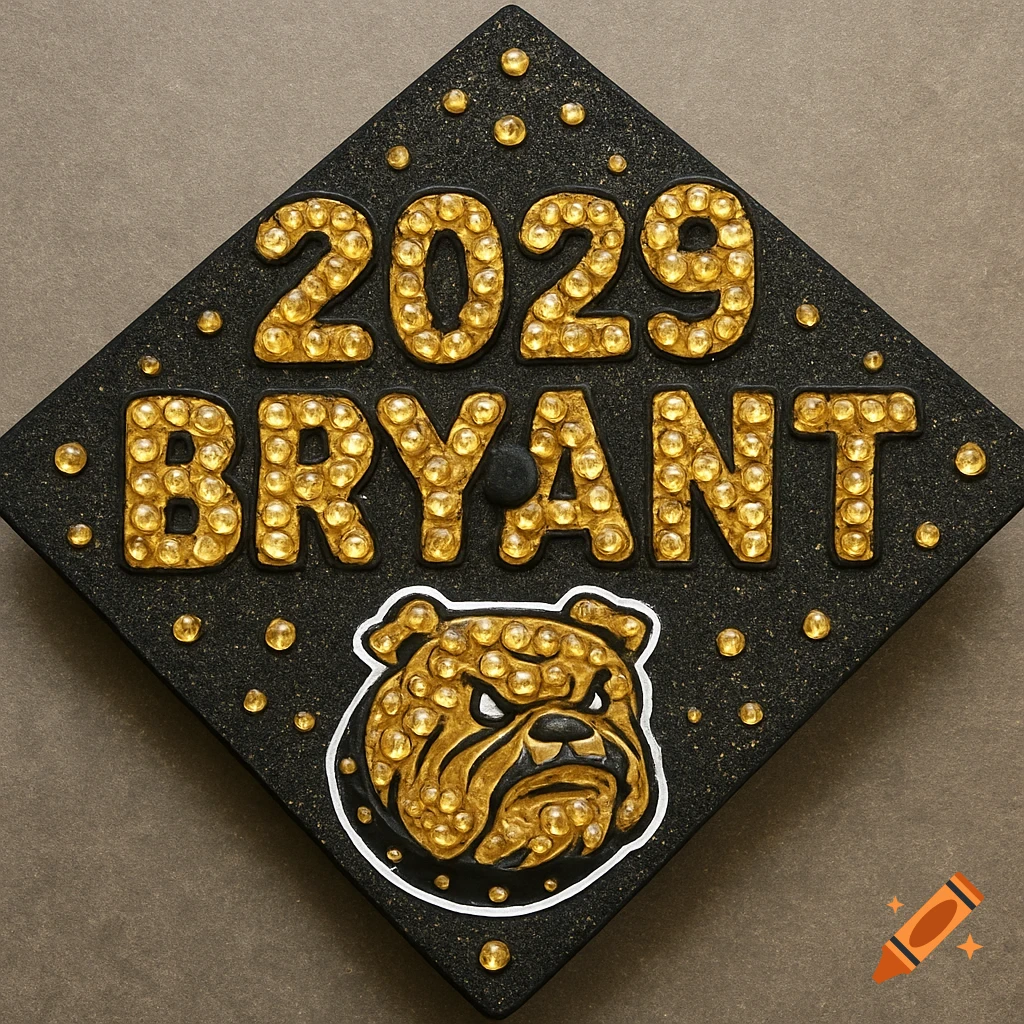 Decorated black graduation cap with gold jewels forming '2029' and 'BRYANT', a bulldog logo, and scattered jewels.