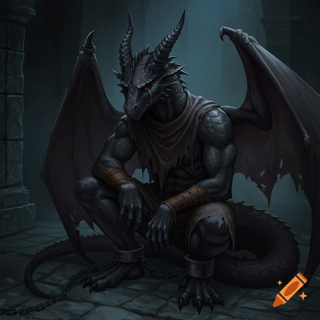 A dark grey Dragonborn creature with red eyes and chains on its ankles crouches in a dark dungeon, looking depressed.