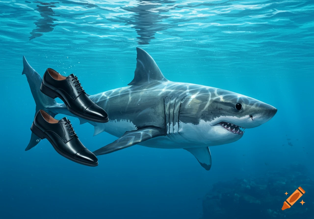 A shark swims underwater with two black dress shoes floating beside it.