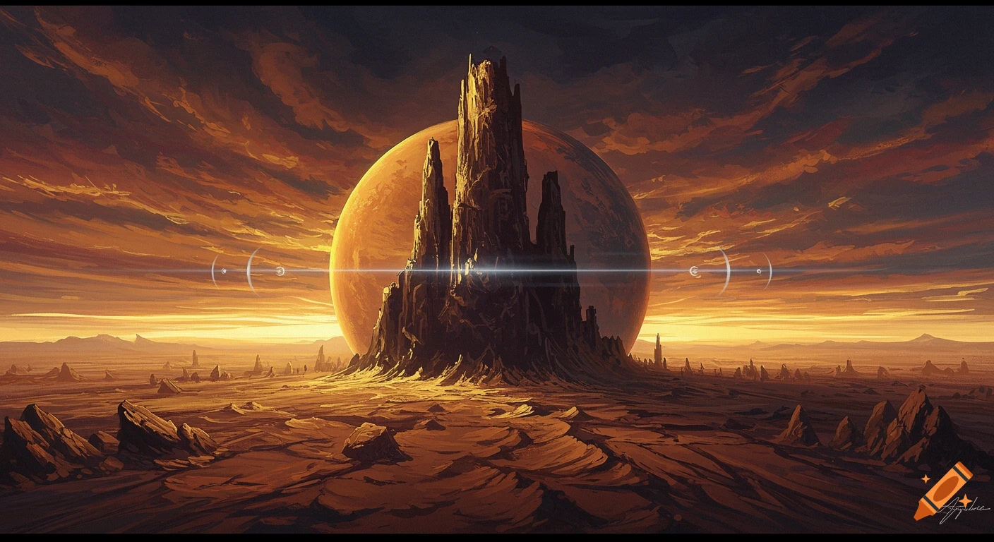 Orange alien landscape with large rock spire and planet under cloudy sky