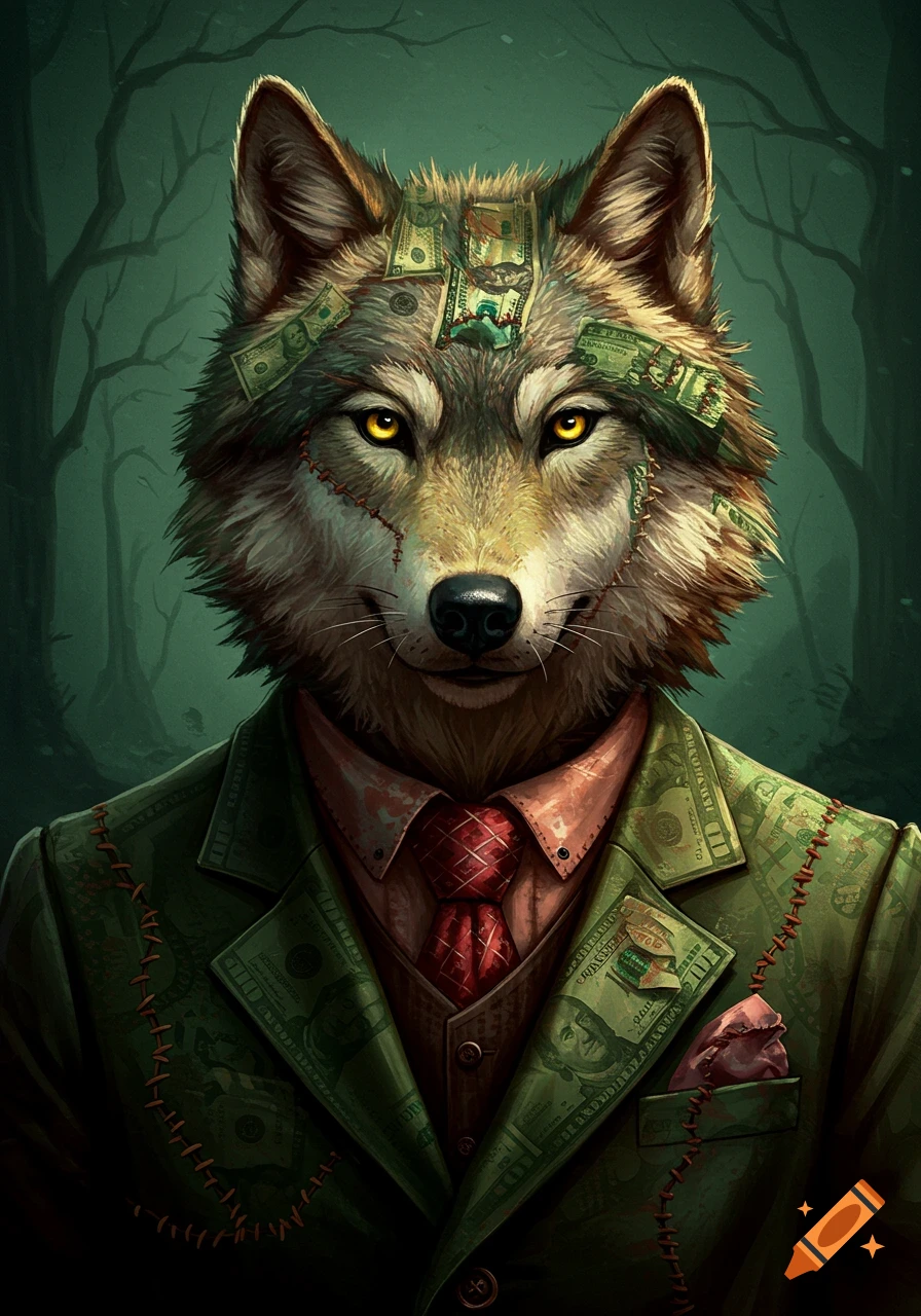 Stylized portrait of a wolf wearing a suit made of money in a dark forest.