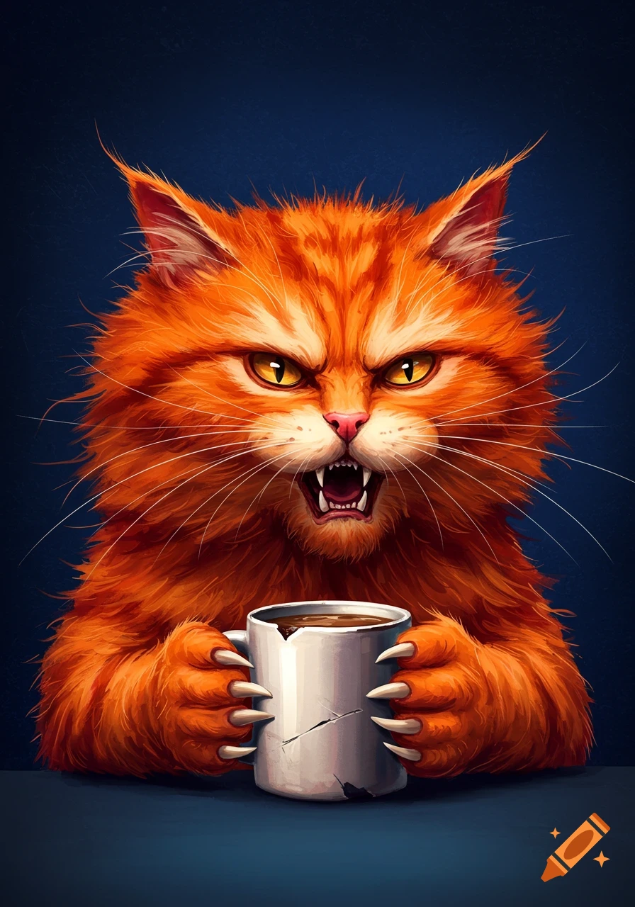 An angry orange cat glares while holding a coffee mug.