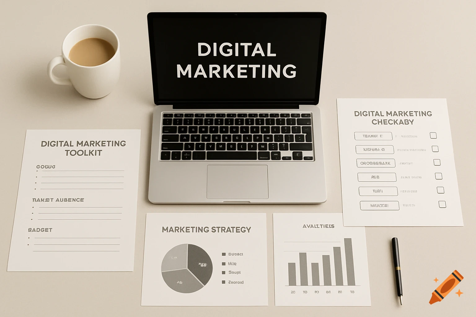 Flat lay of a desk with a laptop showing 'DIGITAL MARKETING', papers with charts and lists, coffee cup, and pen.