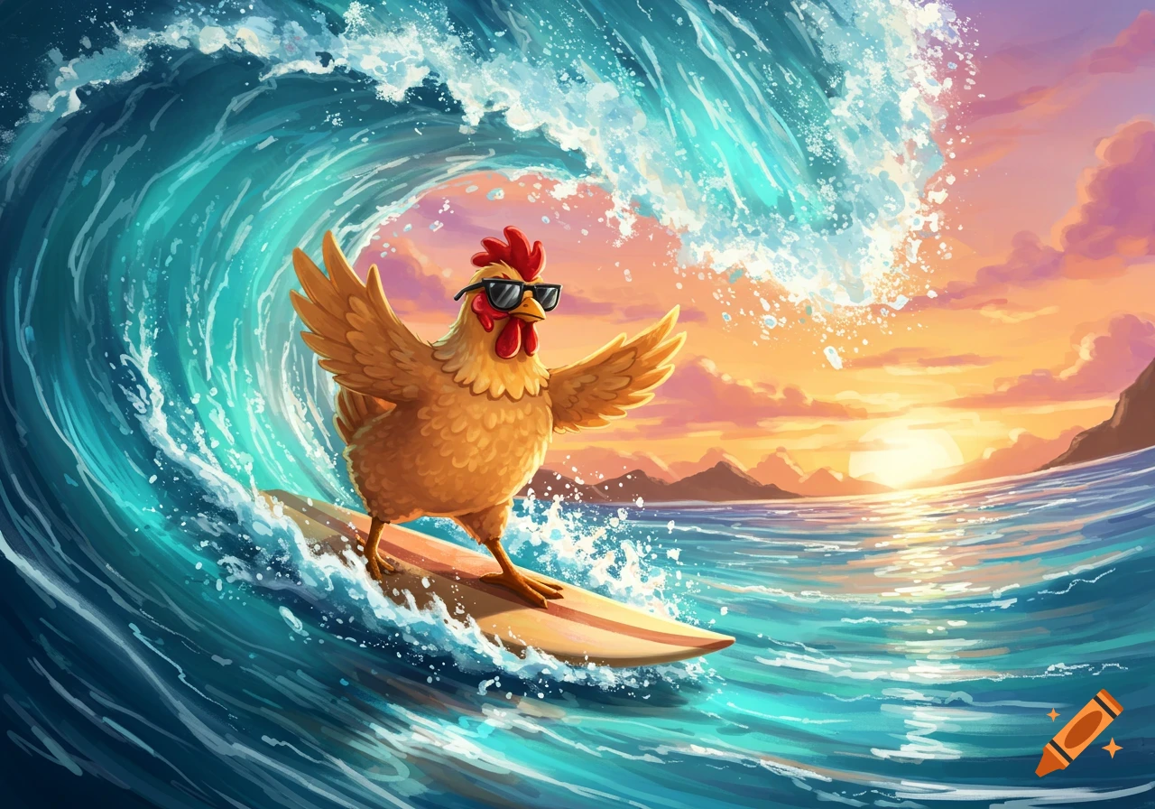 A cartoon chicken wearing sunglasses surfs a large wave at sunset.
