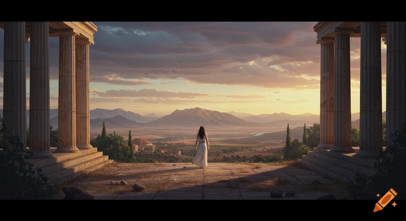 A woman in a white dress views a mountainous landscape from a classical temple overlook at sunset.