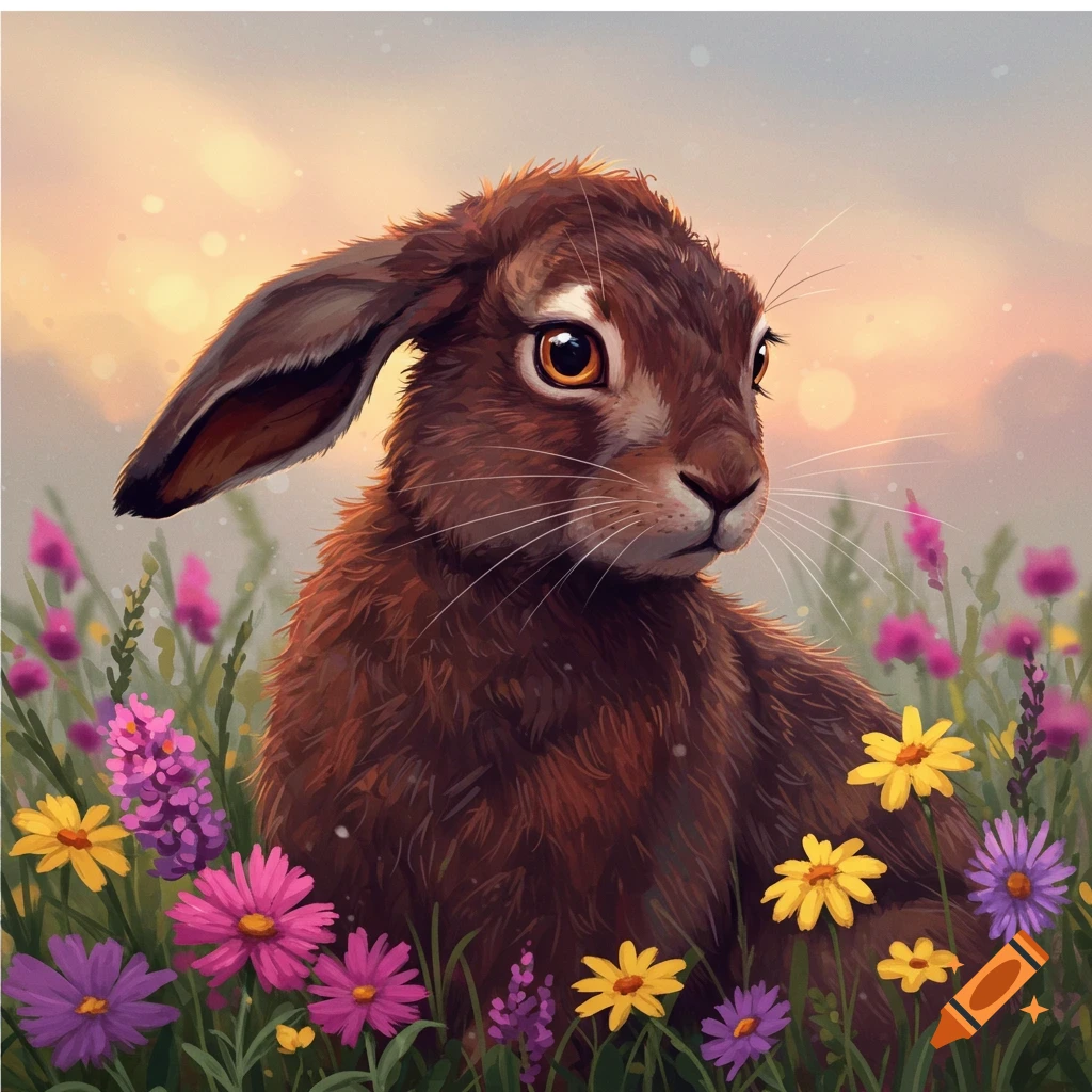 A brown hare sits among vibrant spring flowers at sunset.