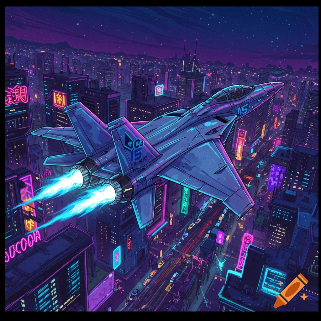 A futuristic fighter jet with glowing blue engines flies over a neon-lit cyberpunk city at night in a stylized illustration.