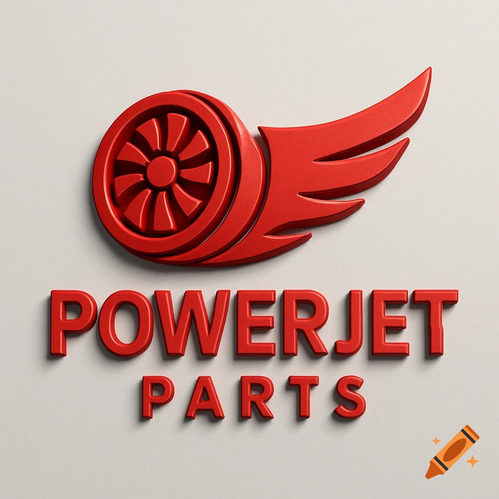 3D red logo with wing and wheel shape above 'POWERJET PARTS' text