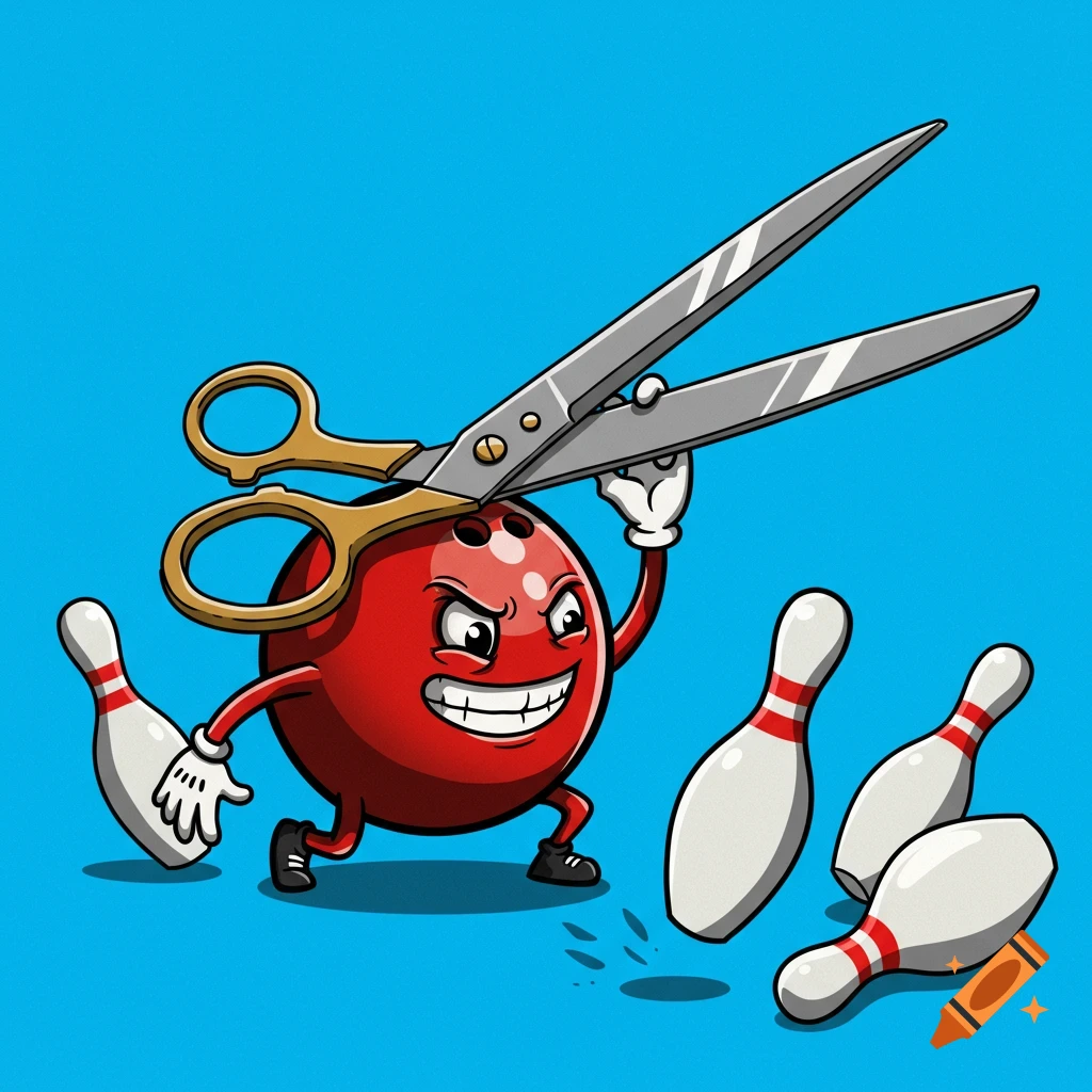 Cartoon bowling ball character holding scissors above bowling pins on a blue background