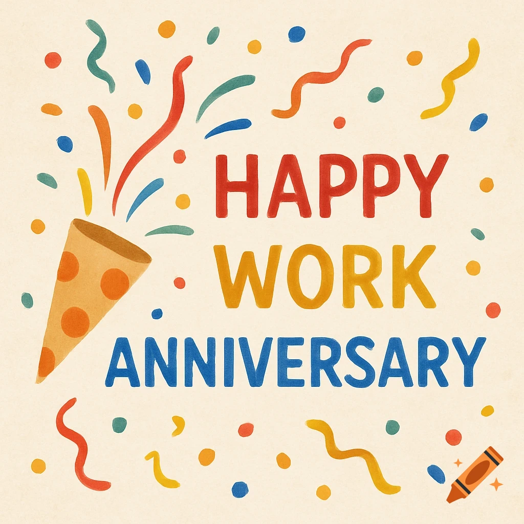 Illustration of a party popper with confetti and text 'Happy Work Anniversary'.
