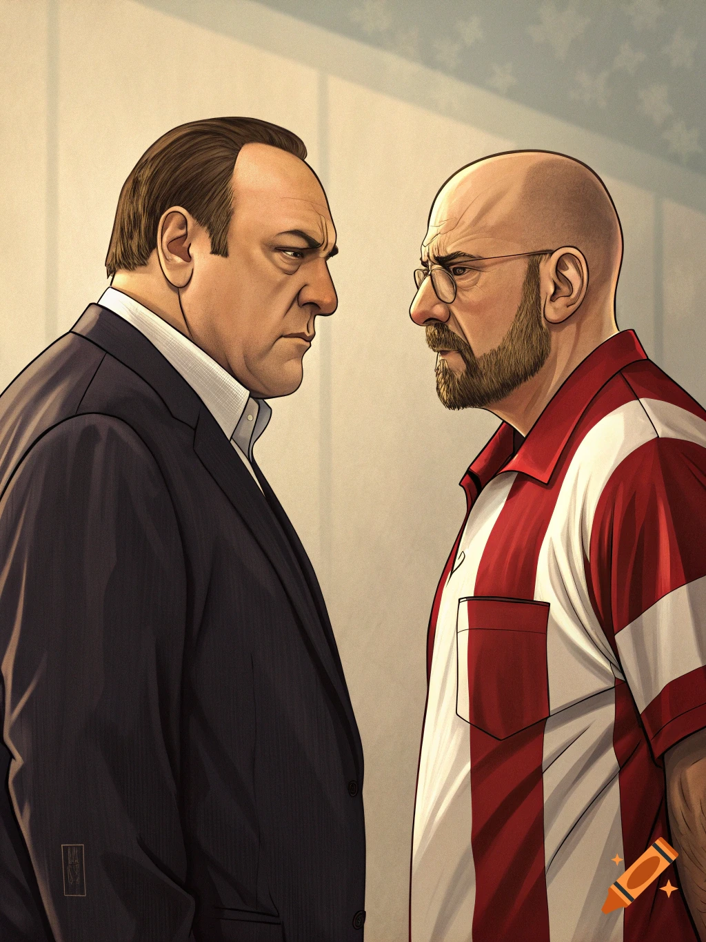 Stylized illustration of Tony Soprano and Walter White facing off.