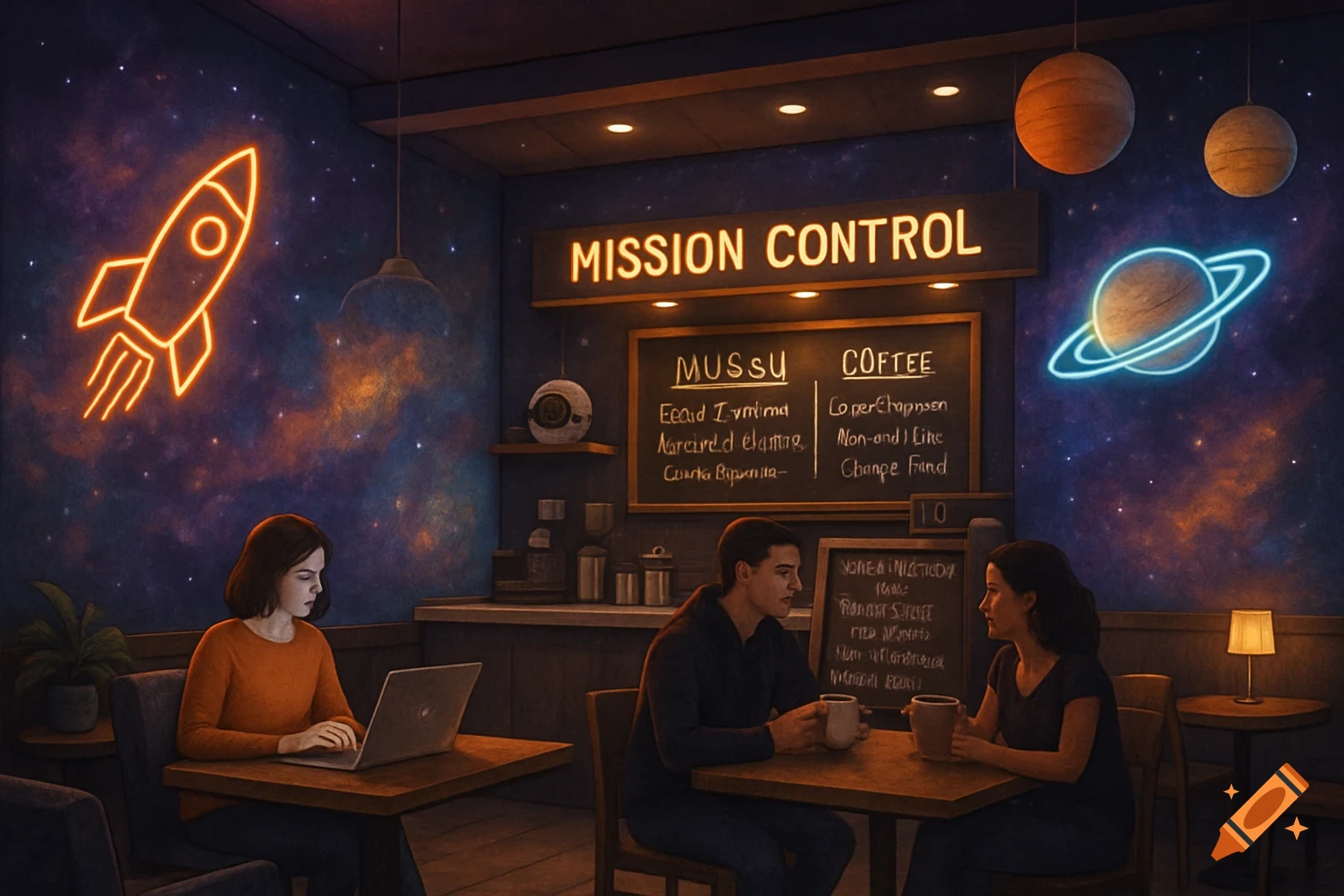 A space-themed coffee shop interior with neon rocket and planet signs, customers working on laptops and chatting.