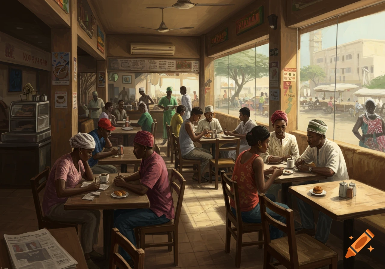 People sitting at tables inside a bustling cafe, digital painting style.