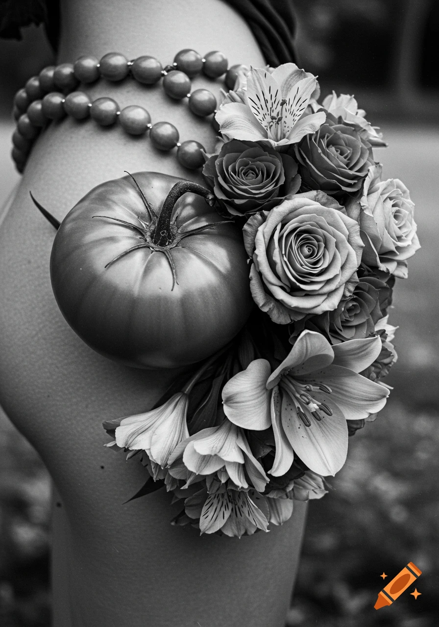 Black and white close-up of a hip adorned with a tomato, strands of beads, roses, and lilies.