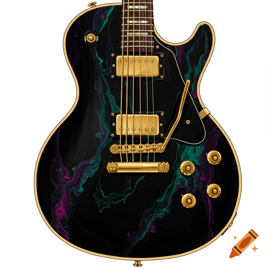 Black electric guitar with gold hardware and purple and teal acrylic pour paint design.