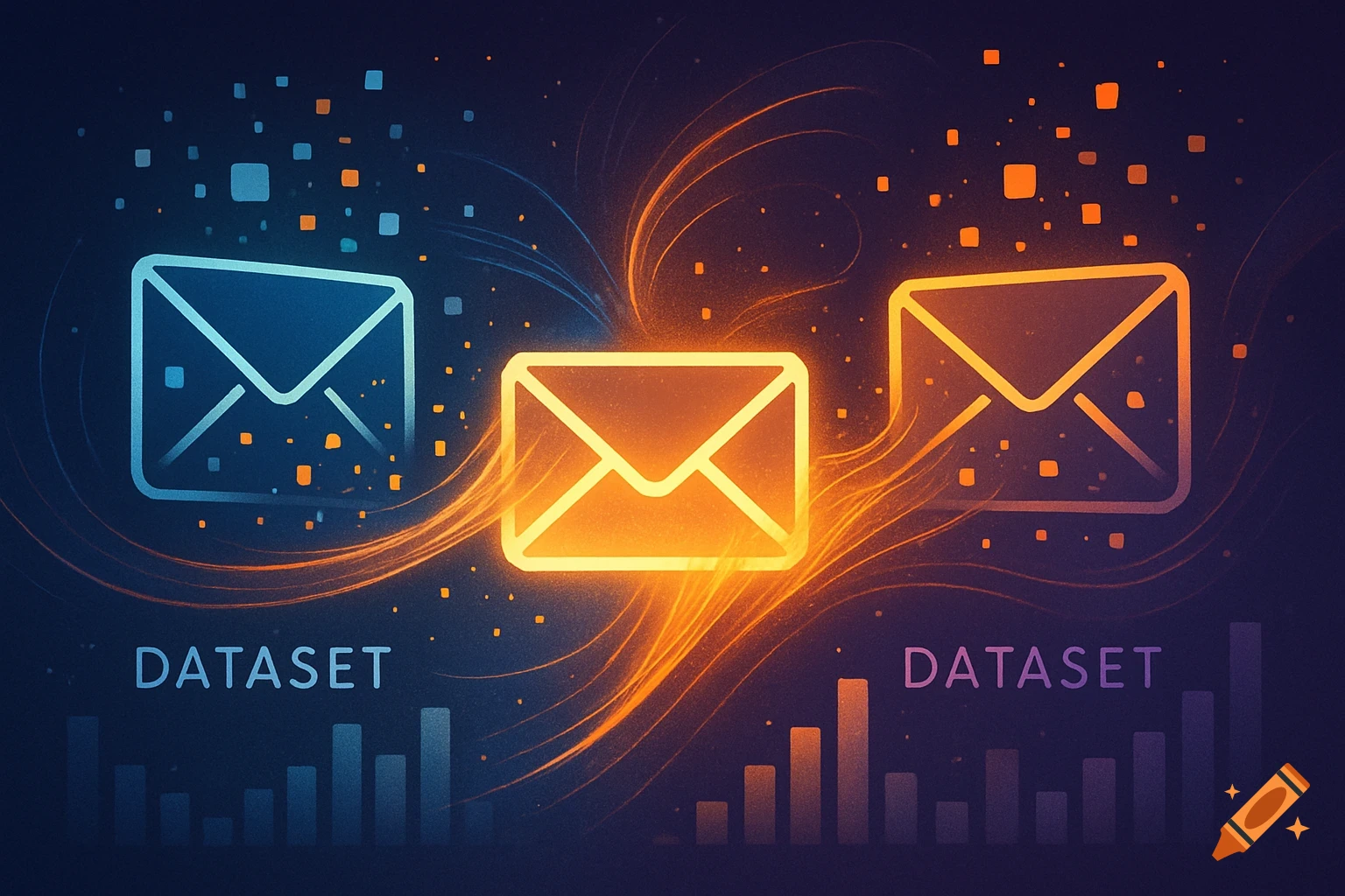 Abstract digital art with glowing blue and orange envelope icons, charts, and the text 'DATASET'.