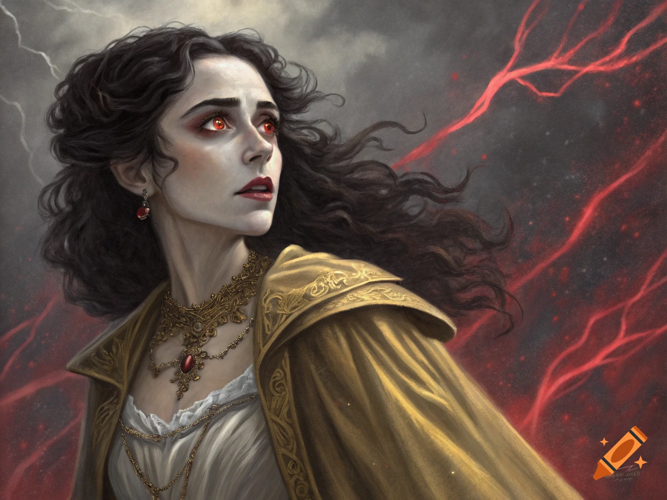 Fantasy portrait painting of a woman with red glowing eyes and a gold ...