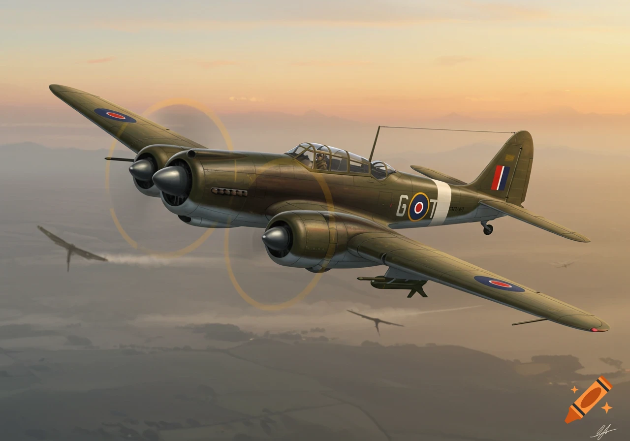A military airplane flies through a misty sky at sunset, digital art style.