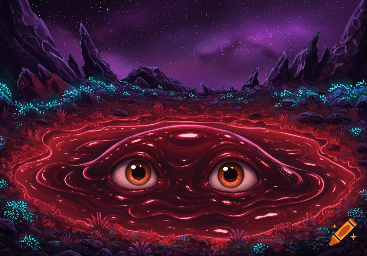 Large amber eyes peer from a pool of dark red slime in an alien landscape with glowing plants under a starry purple sky.