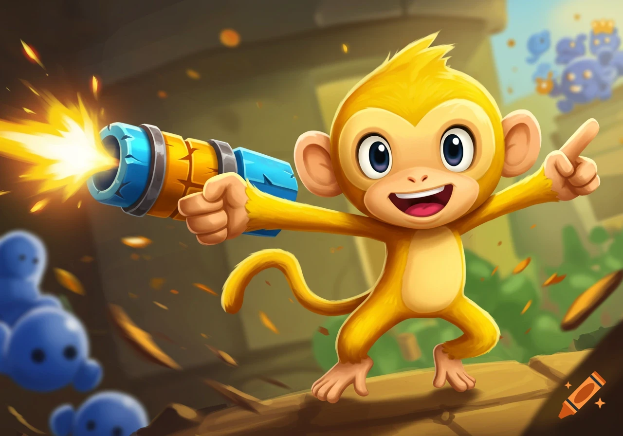 A cartoon monkey points a dart gun and fires at blue balloons.