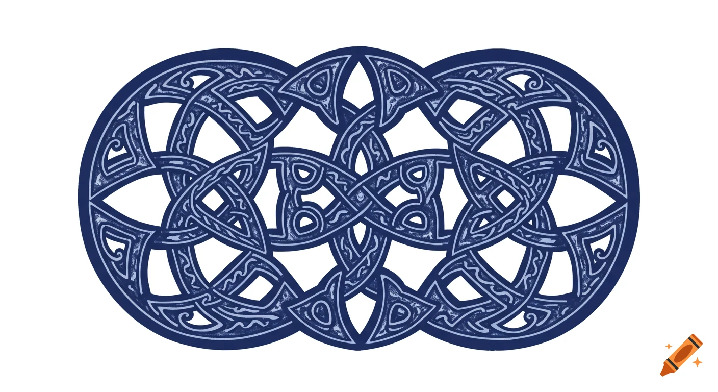 Blue celtic knot pattern on a white background.