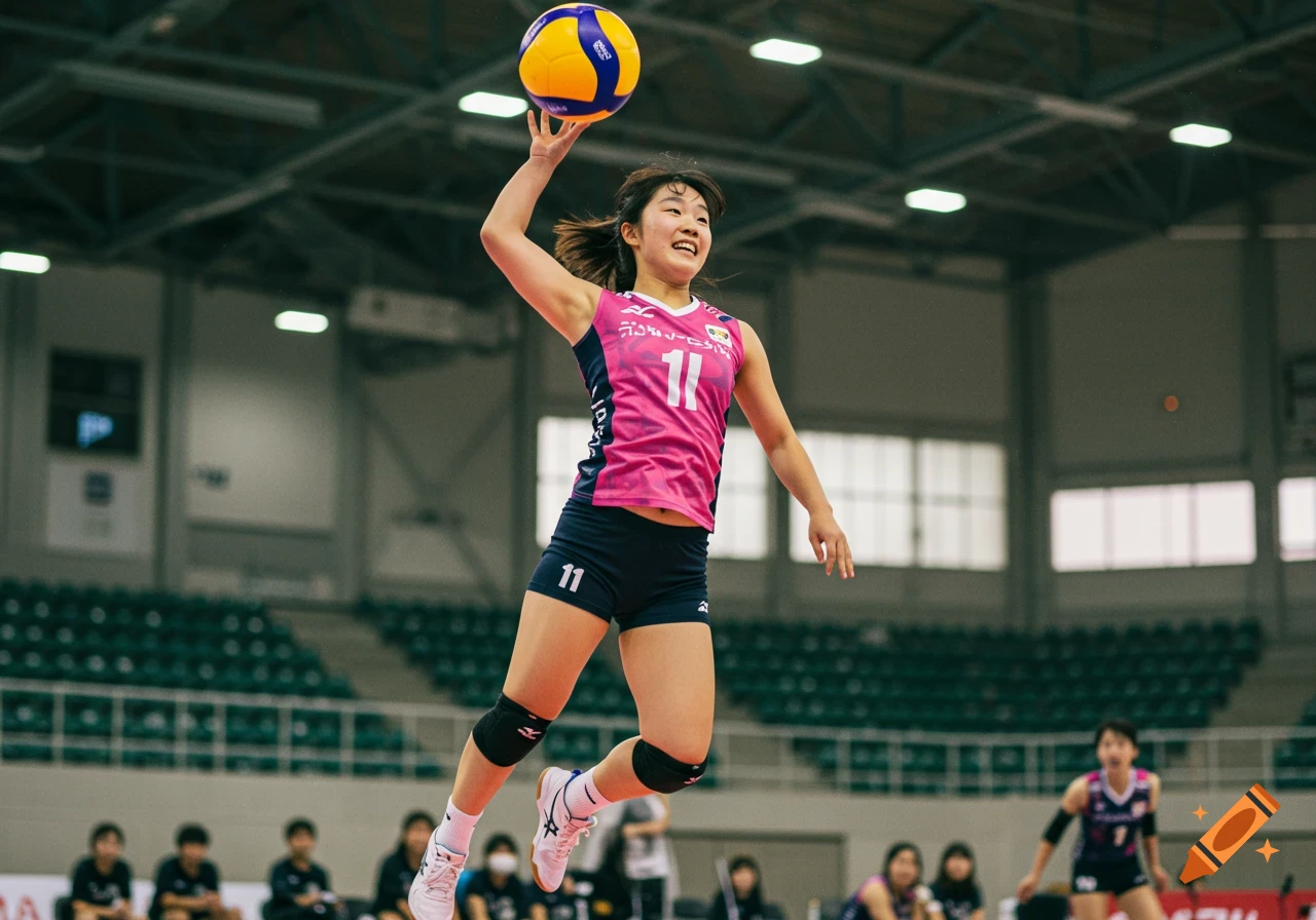 Woman volleyball player jumps to hit the ball in an indoor court.