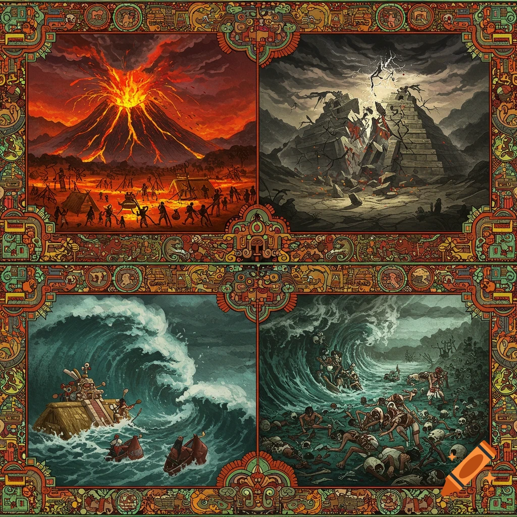 Four ancient Aztec-style illustrations depicting different natural disasters within a decorated border.