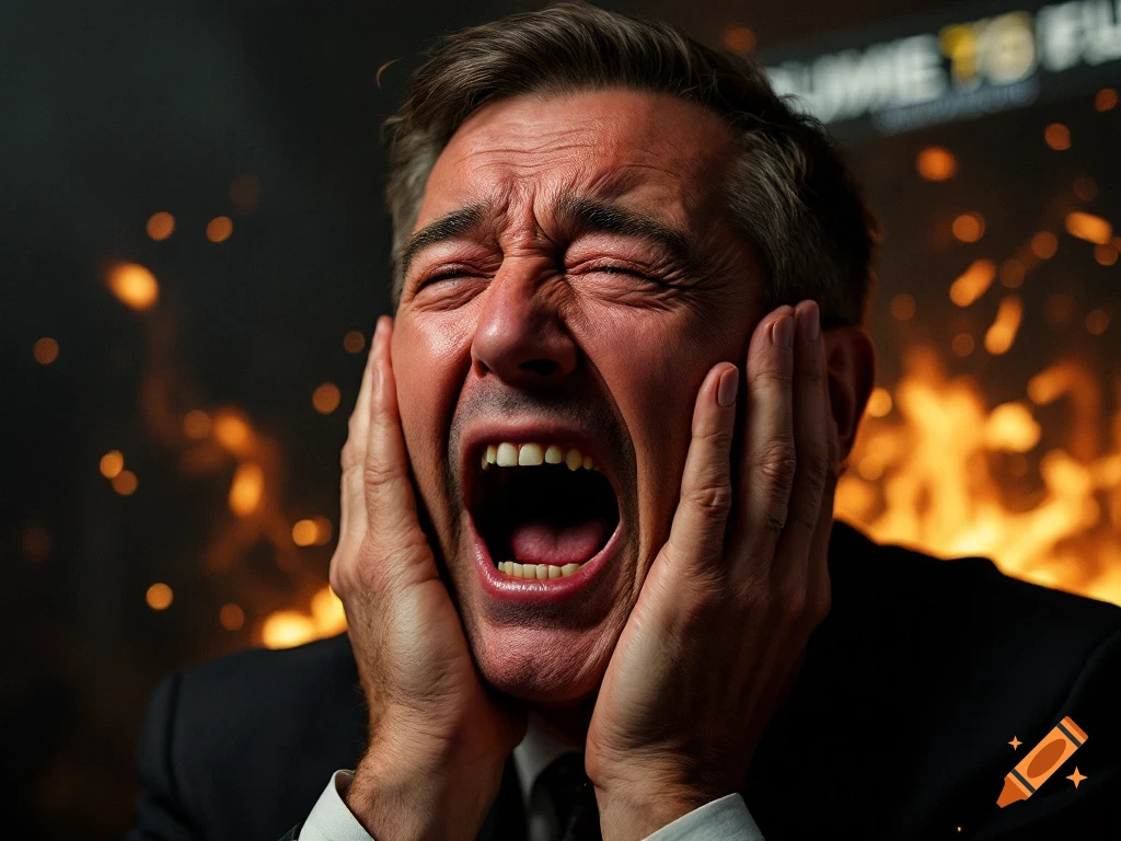 Man screaming in distress with hands on face, fire and sparks in background.