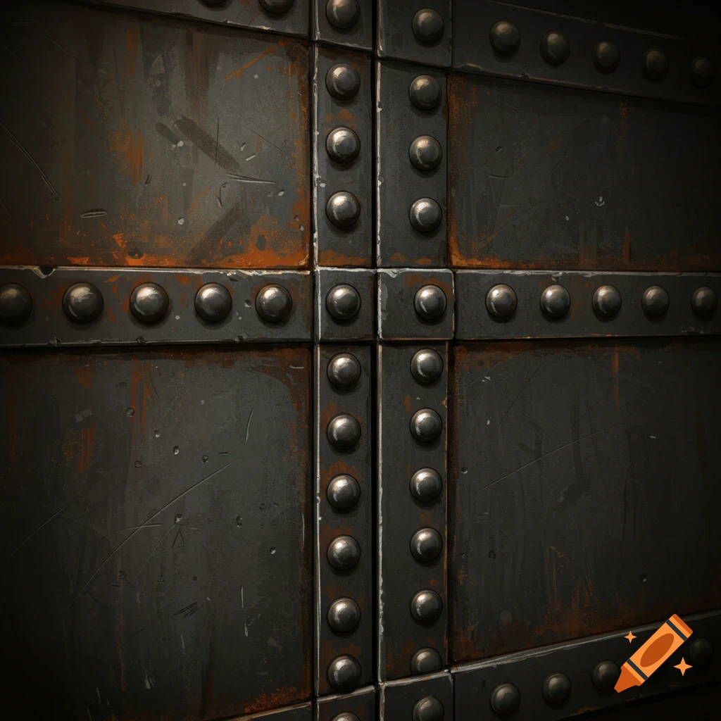 Close-up of rusted industrial metal plating with rivets and seams.