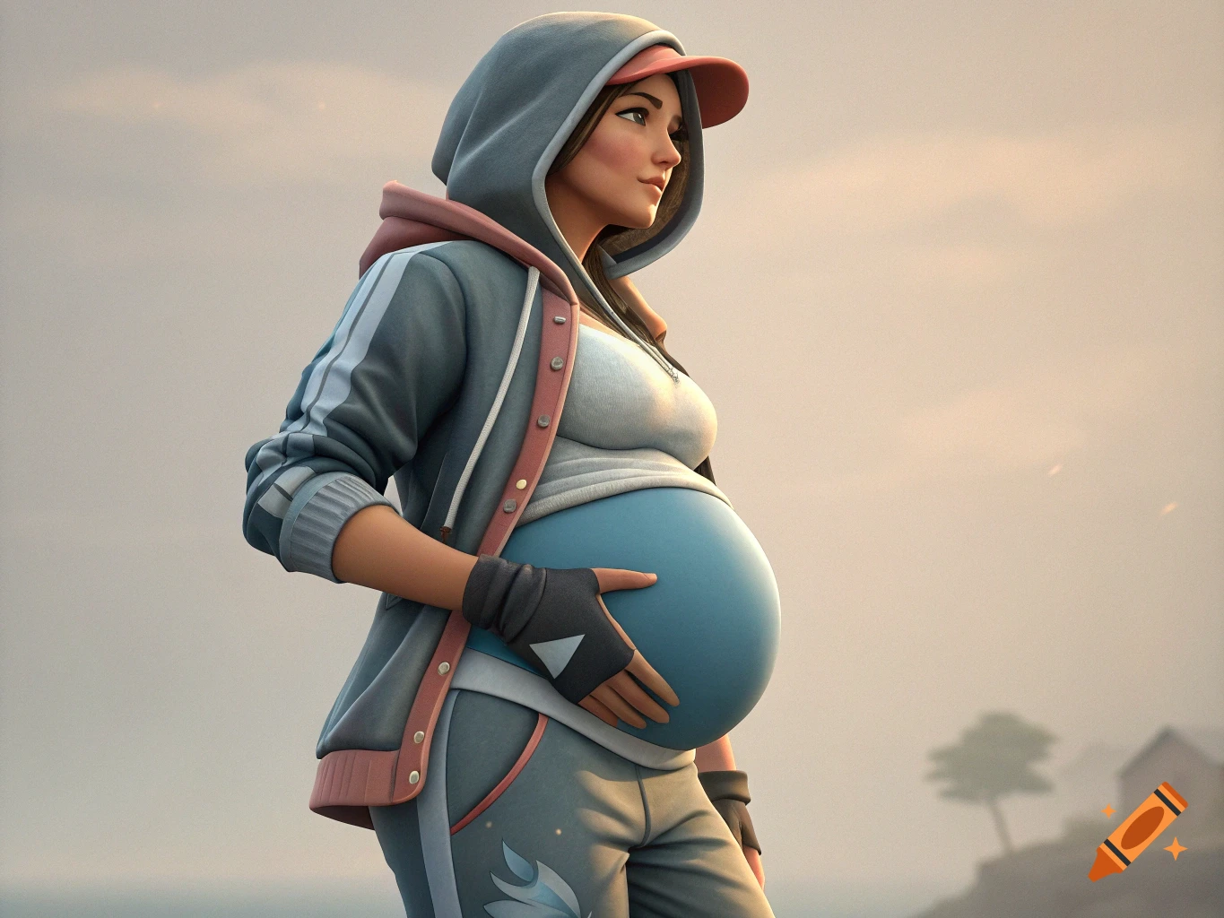 A stylized 3D render of a pregnant woman in a grey hoodie and sweatpants, holding her belly, against a sky background.
