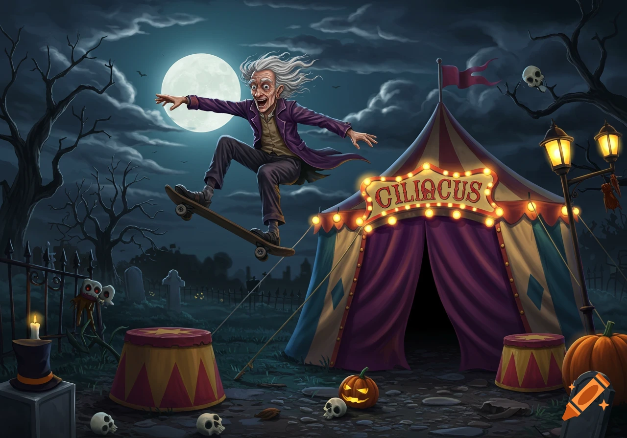 An old man on a skateboard jumps over a spooky circus tent in a Halloween graveyard scene