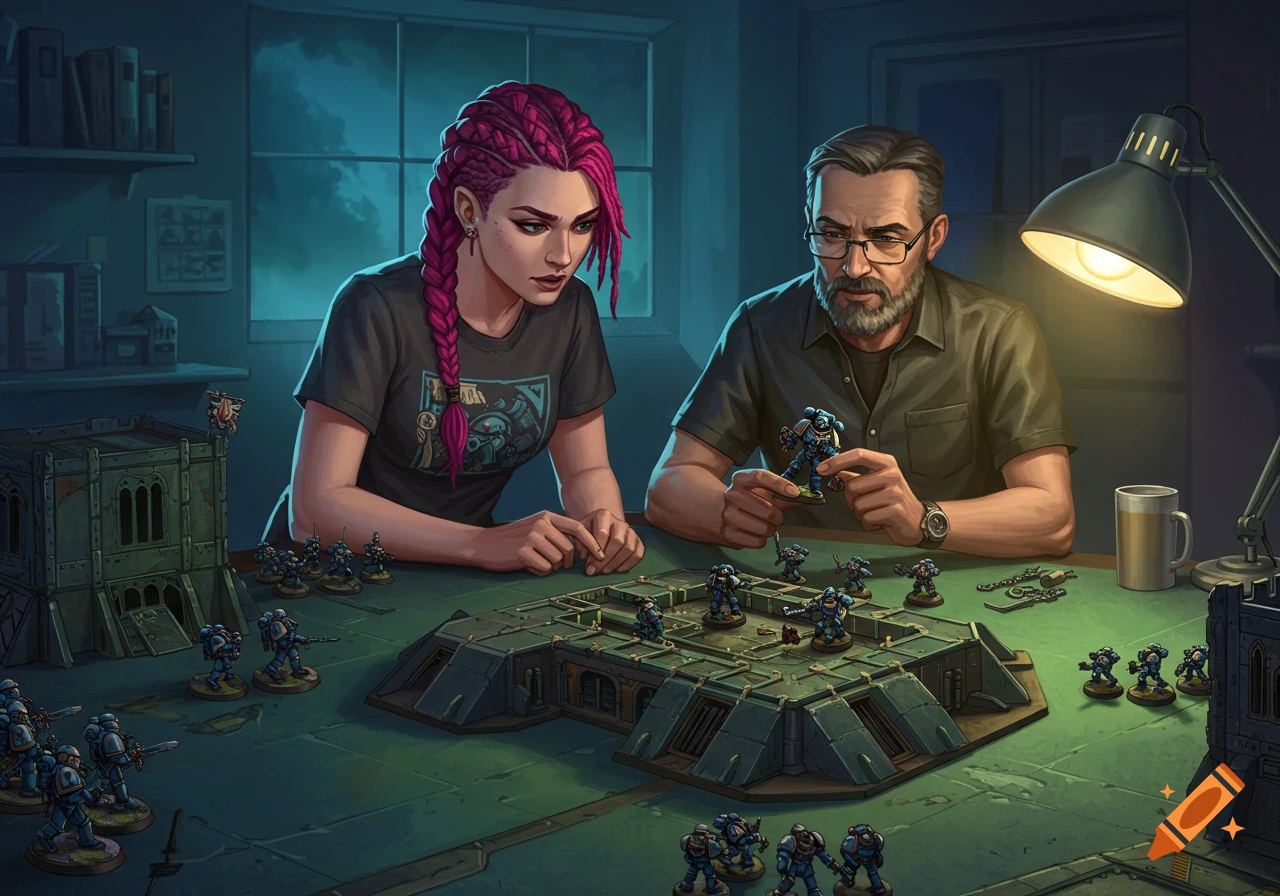 Two people playing a miniature wargame at a table with terrain and miniatures, illustrated style.
