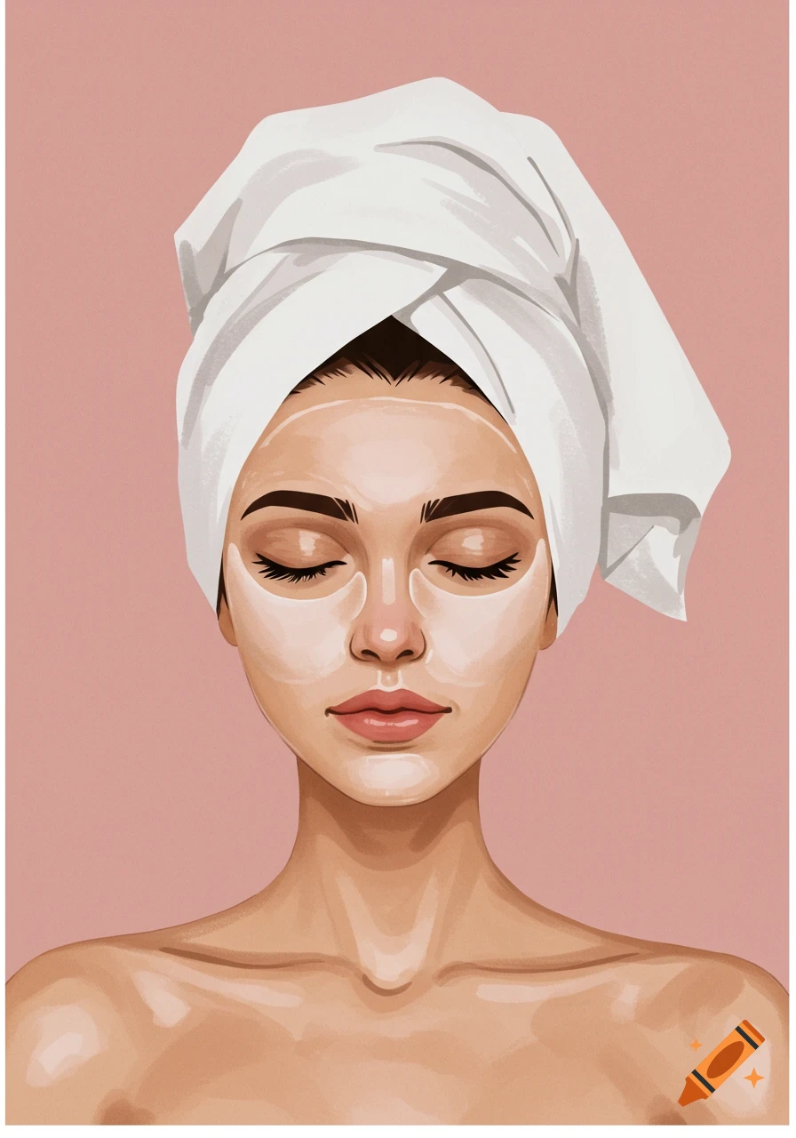 A stylized portrait of a woman with her eyes closed, wearing a towel on her head and under eye masks.