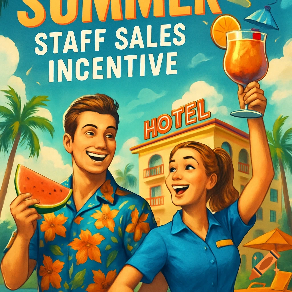 Retro illustration of a man and woman with a drink and watermelon in front of a hotel, with text 'SUMMER STAFF SALES INCENTIVE'.
