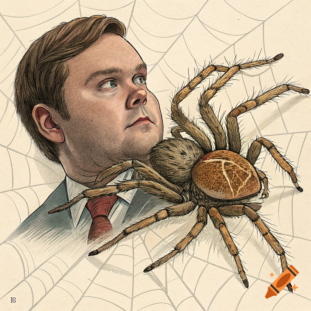 Illustration of a man's head on a spider's body against a web background.